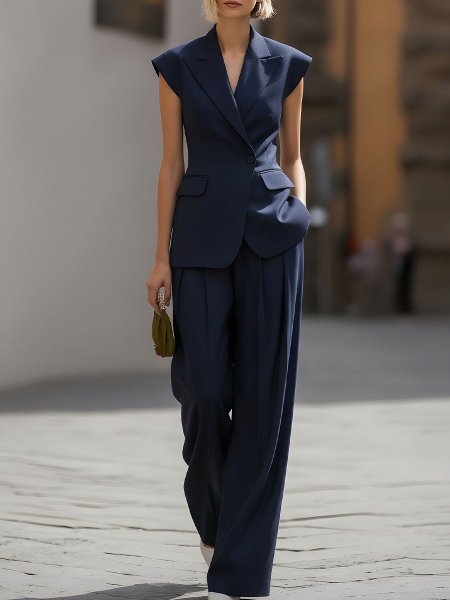 Harper™ – Sleek Navy Sleeveless Blazer & Wide-Leg Trouser Set