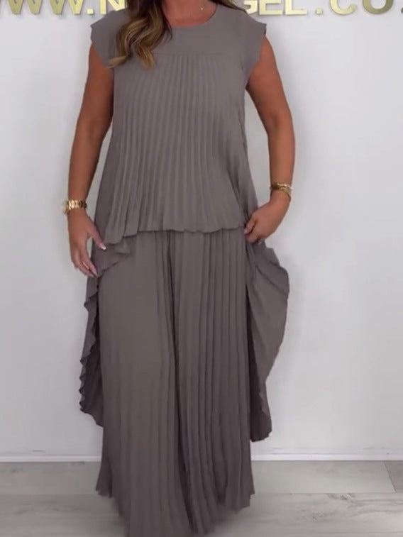 Laney™ – Pleated Top &amp; Elastic Waist Wide-Leg Pants Set