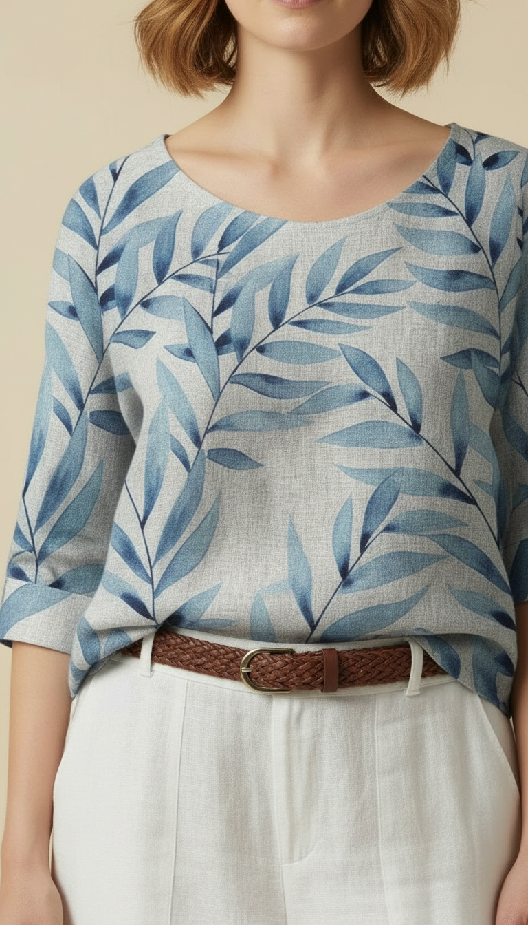 Claudine™ - Leaf Print Blouse With Button Detail