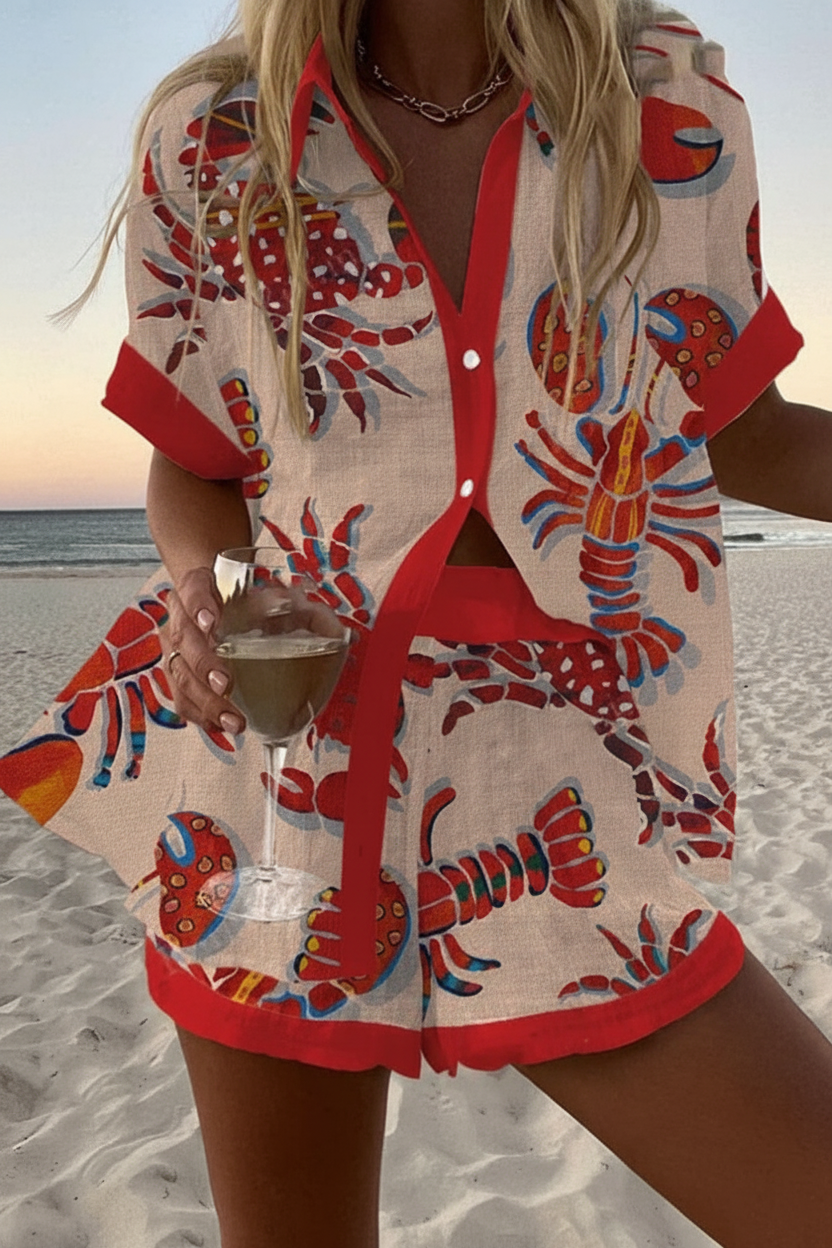 Daphira – Short Summer Suit with Lobster Print
