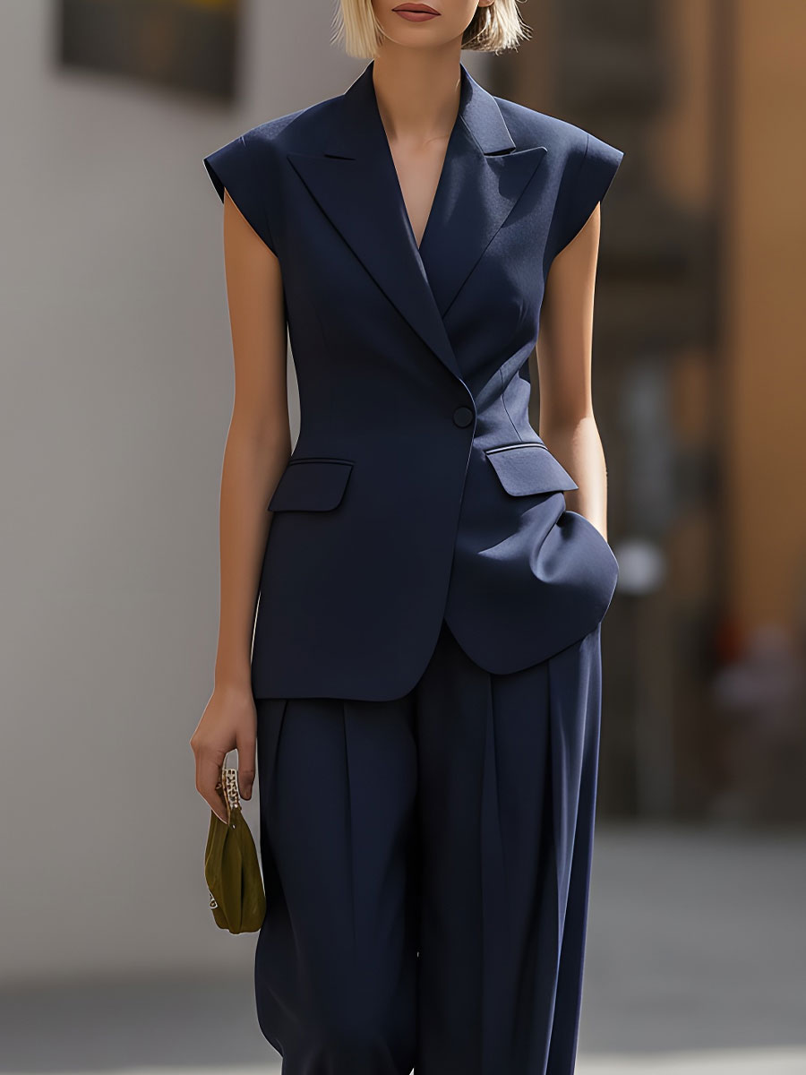 Harper™ – Sleek Navy Sleeveless Blazer & Wide-Leg Trouser Set